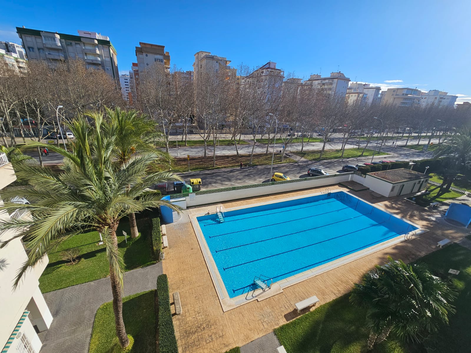Piscina comunitaria rodeada de jardines en la urbanización de Playa de Gandía.